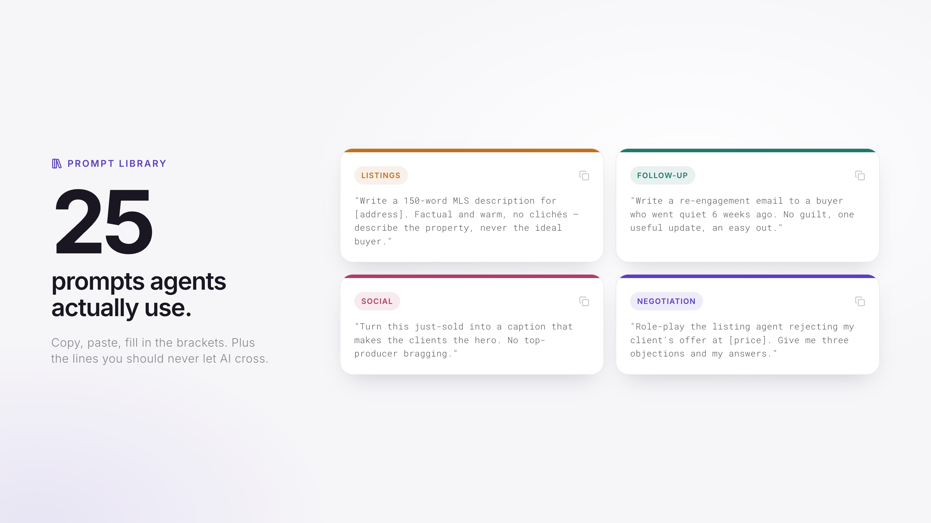 Grid of prompt cards for listing descriptions, follow-up emails, social posts, and negotiation prep