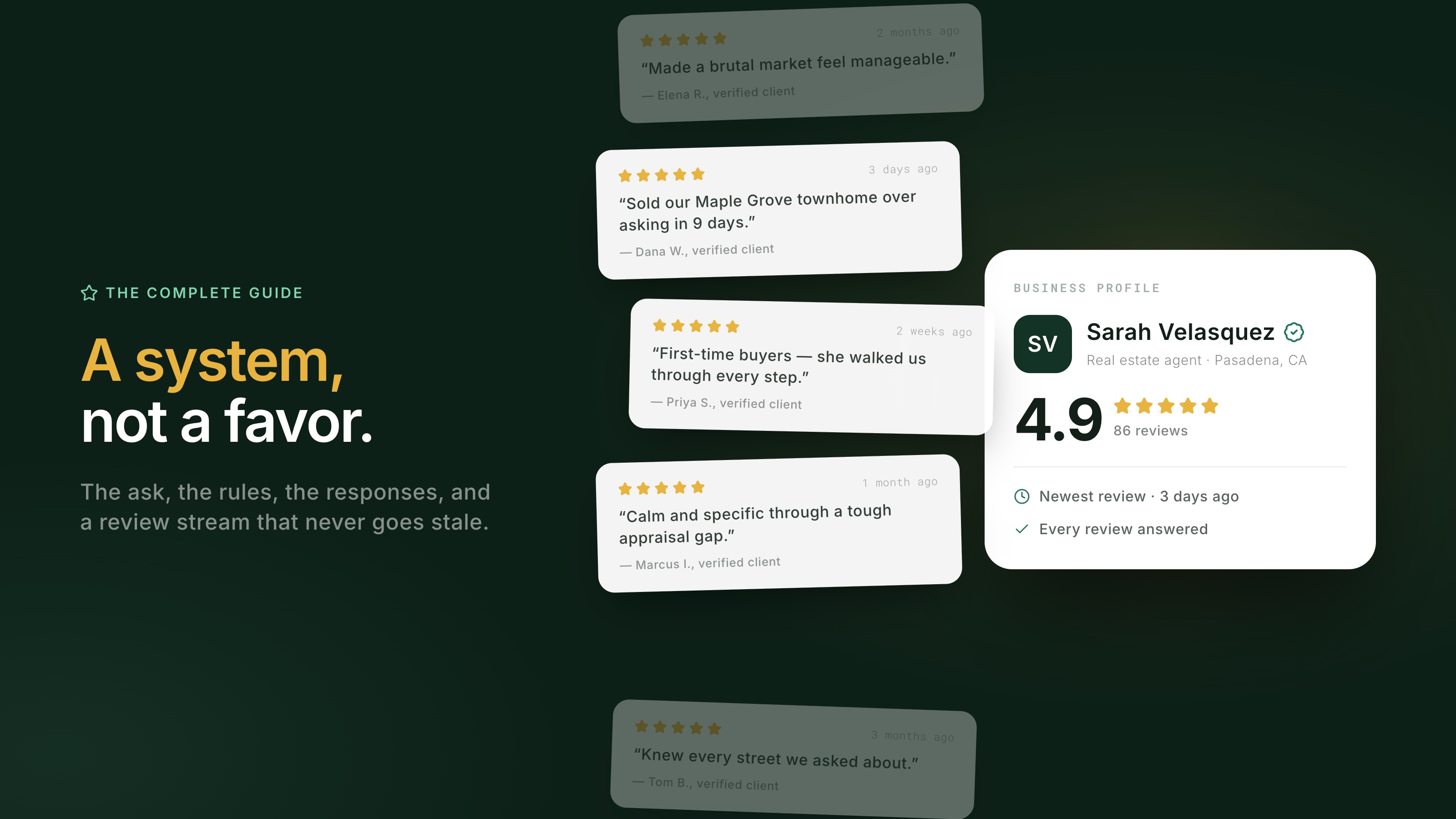Real estate agent Google Business Profile with a growing stream of five-star client reviews