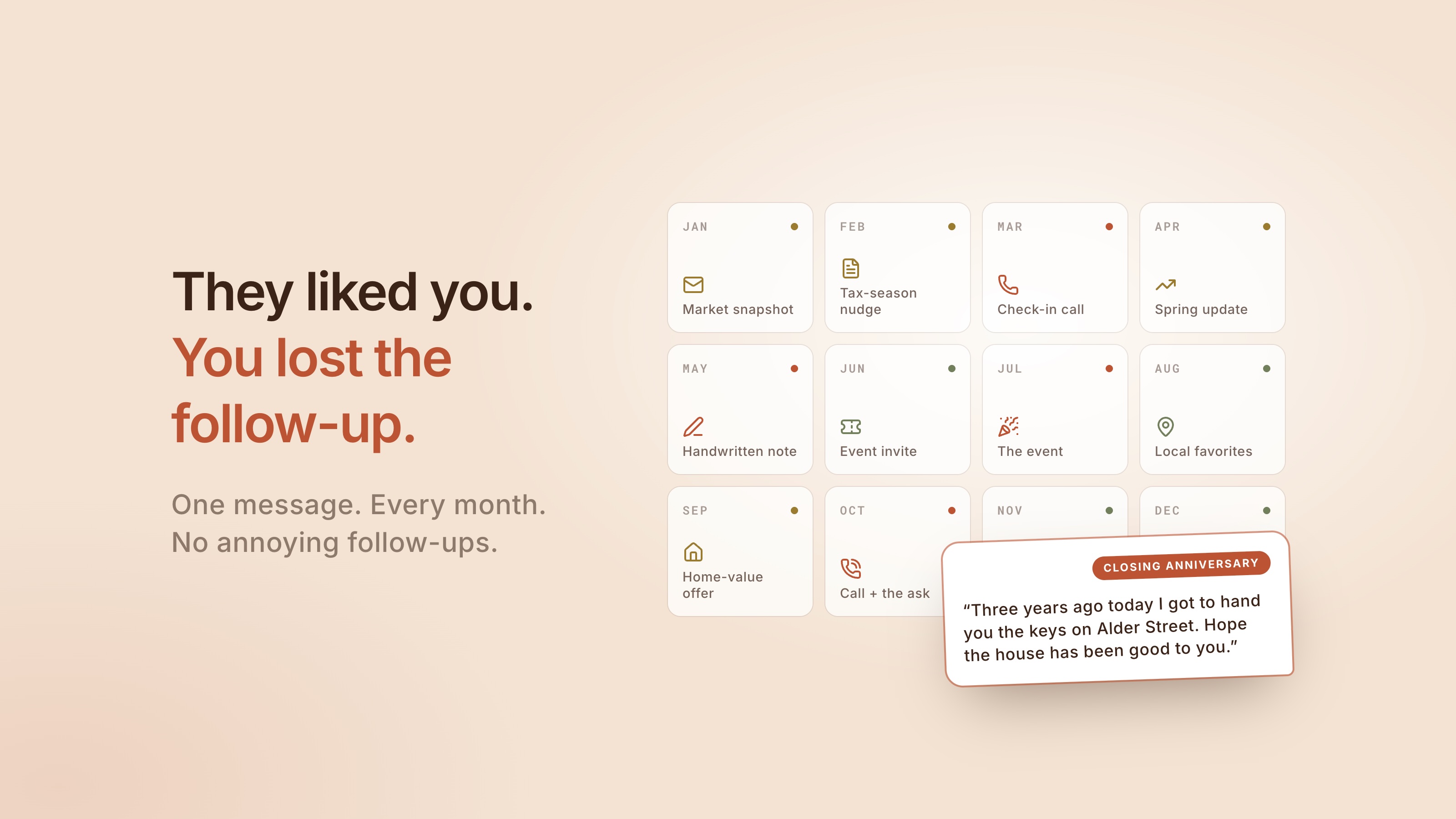 Twelve-month calendar of past-client touches with channels marked for calls, notes, and events