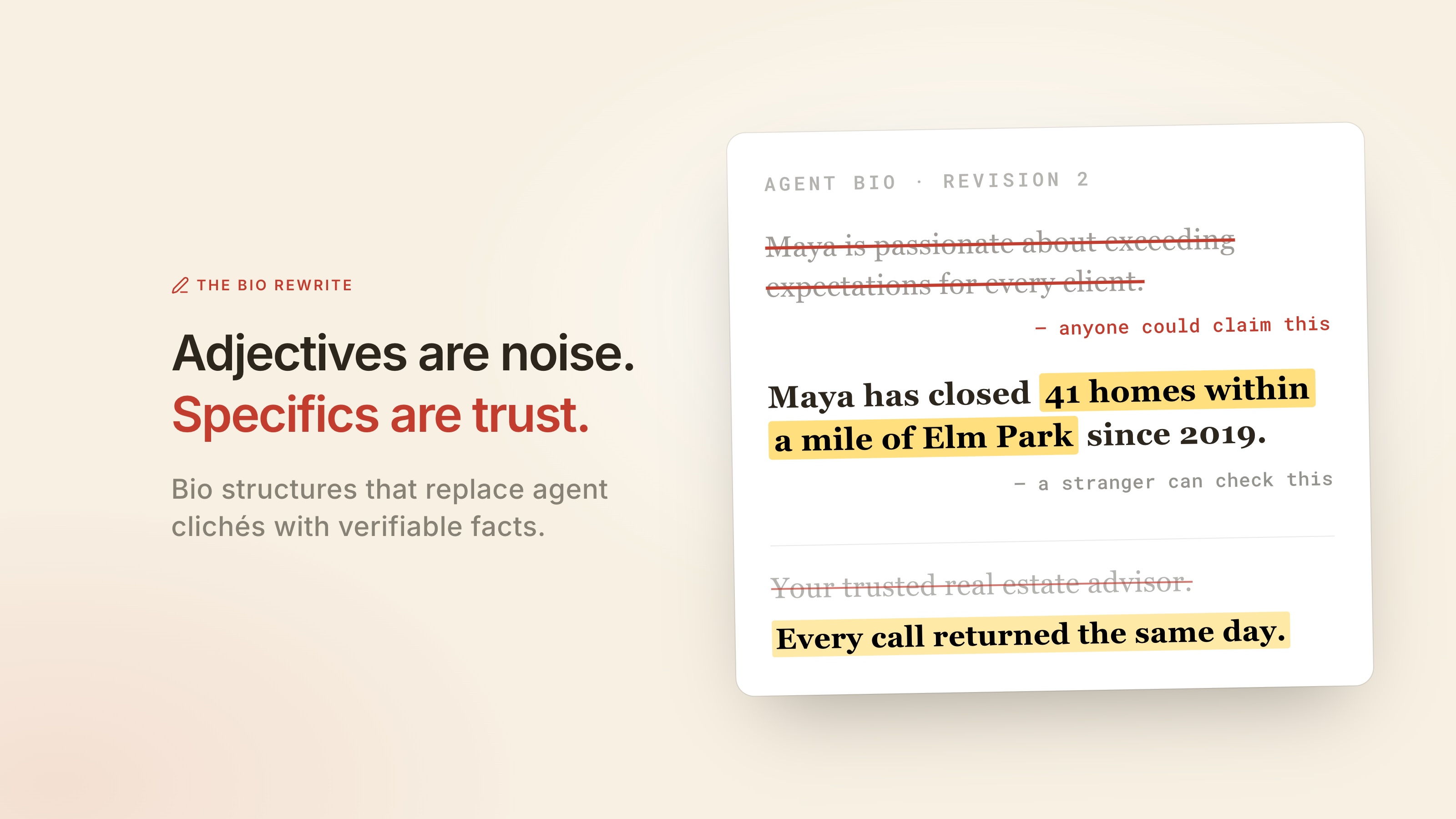 Side-by-side comparison of a generic and a rewritten realtor bio