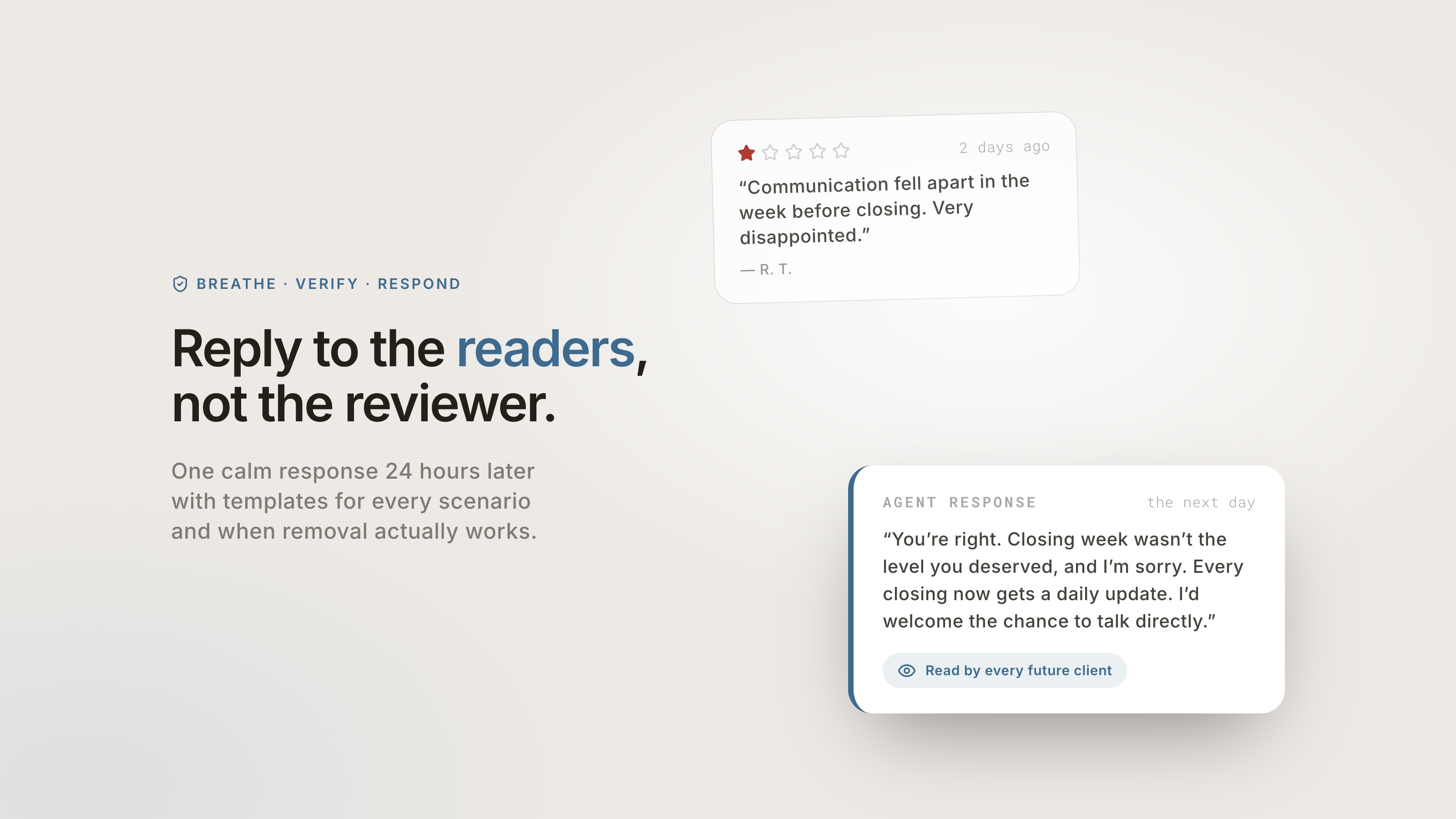 A one-star review next to a calm, professional owner response on an agent profile