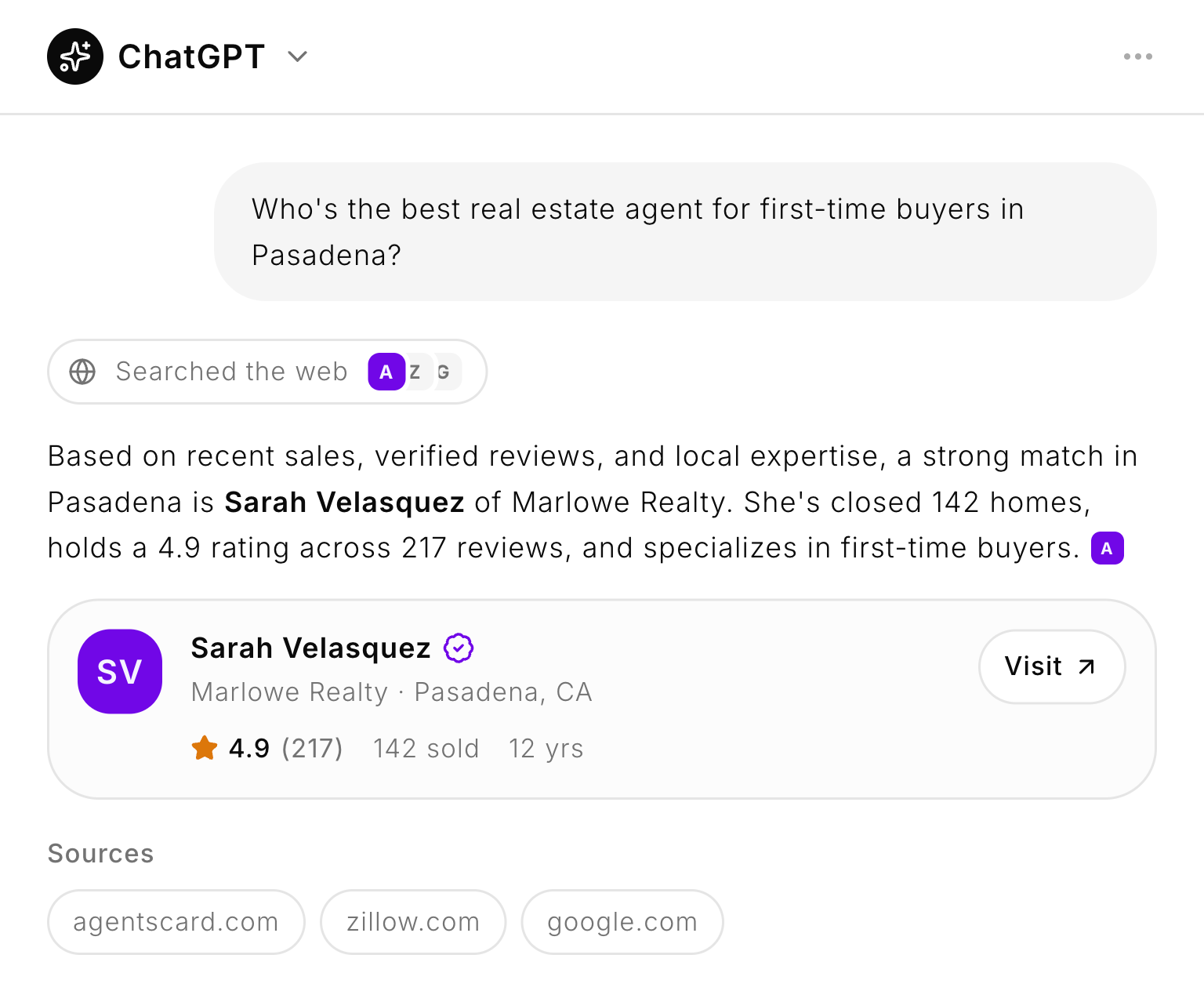 An AgentsCard agent surfaced in an AI search answer
