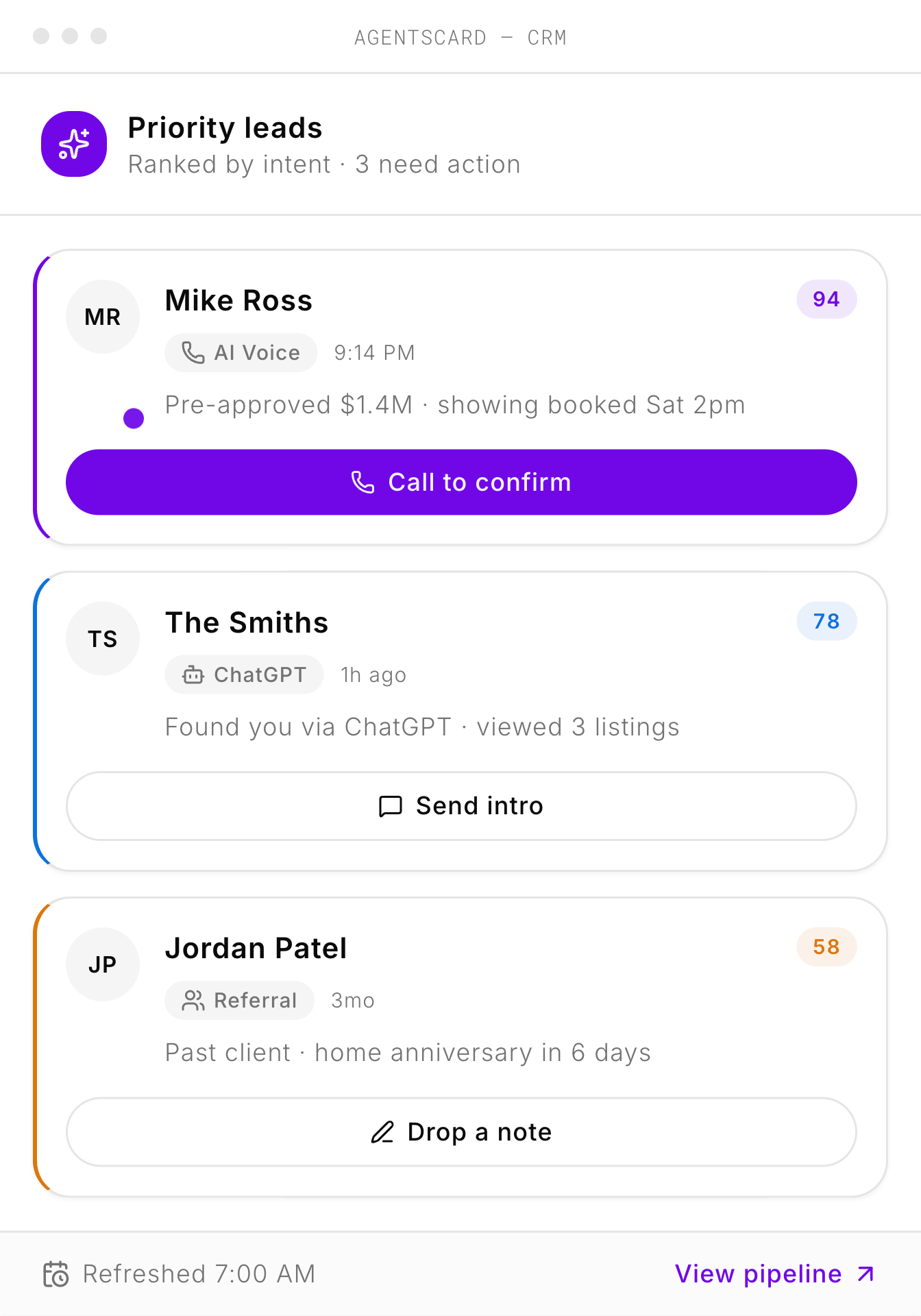 The AgentsCard CRM showing priority leads