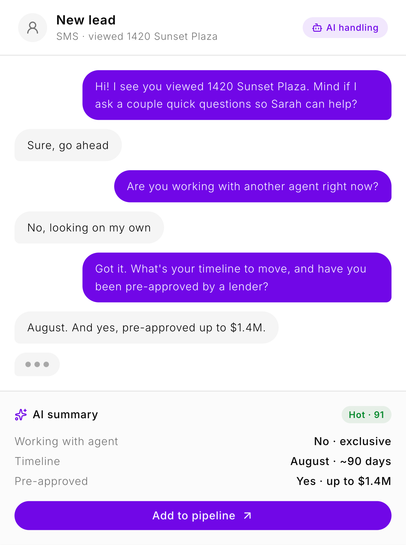 The AgentsCard lead qualification interface