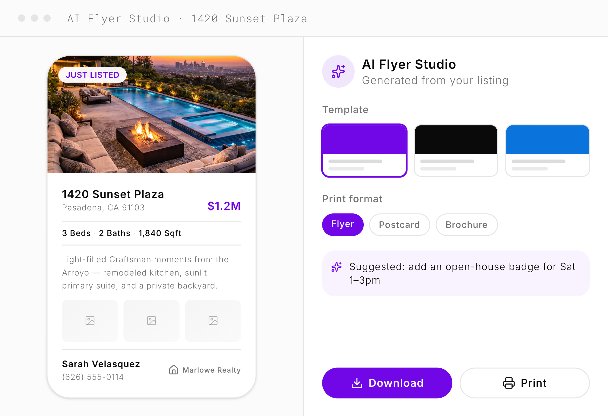 An AgentsCard listing flyer generated by the Marketing Studio