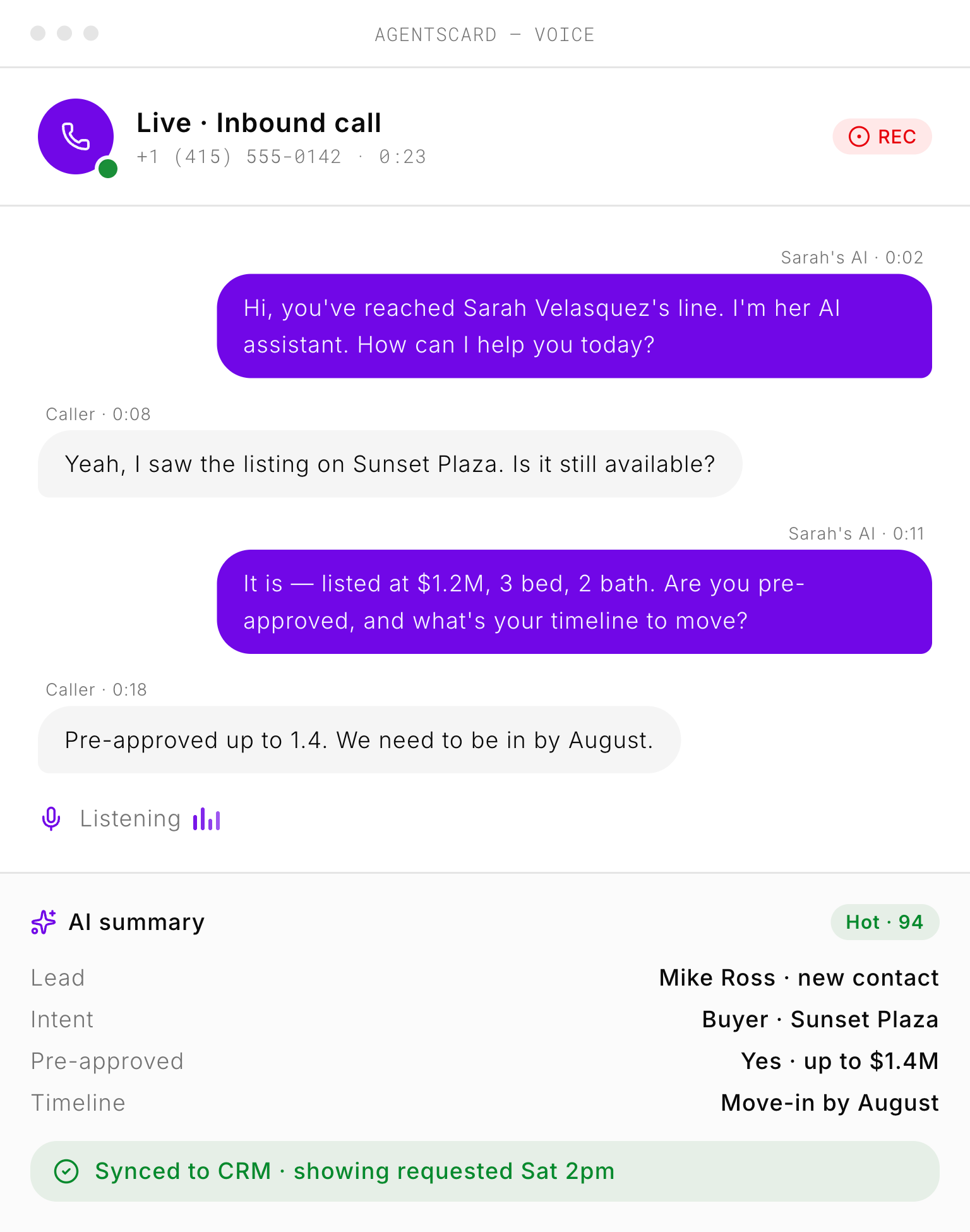 An AgentsCard voice call in progress