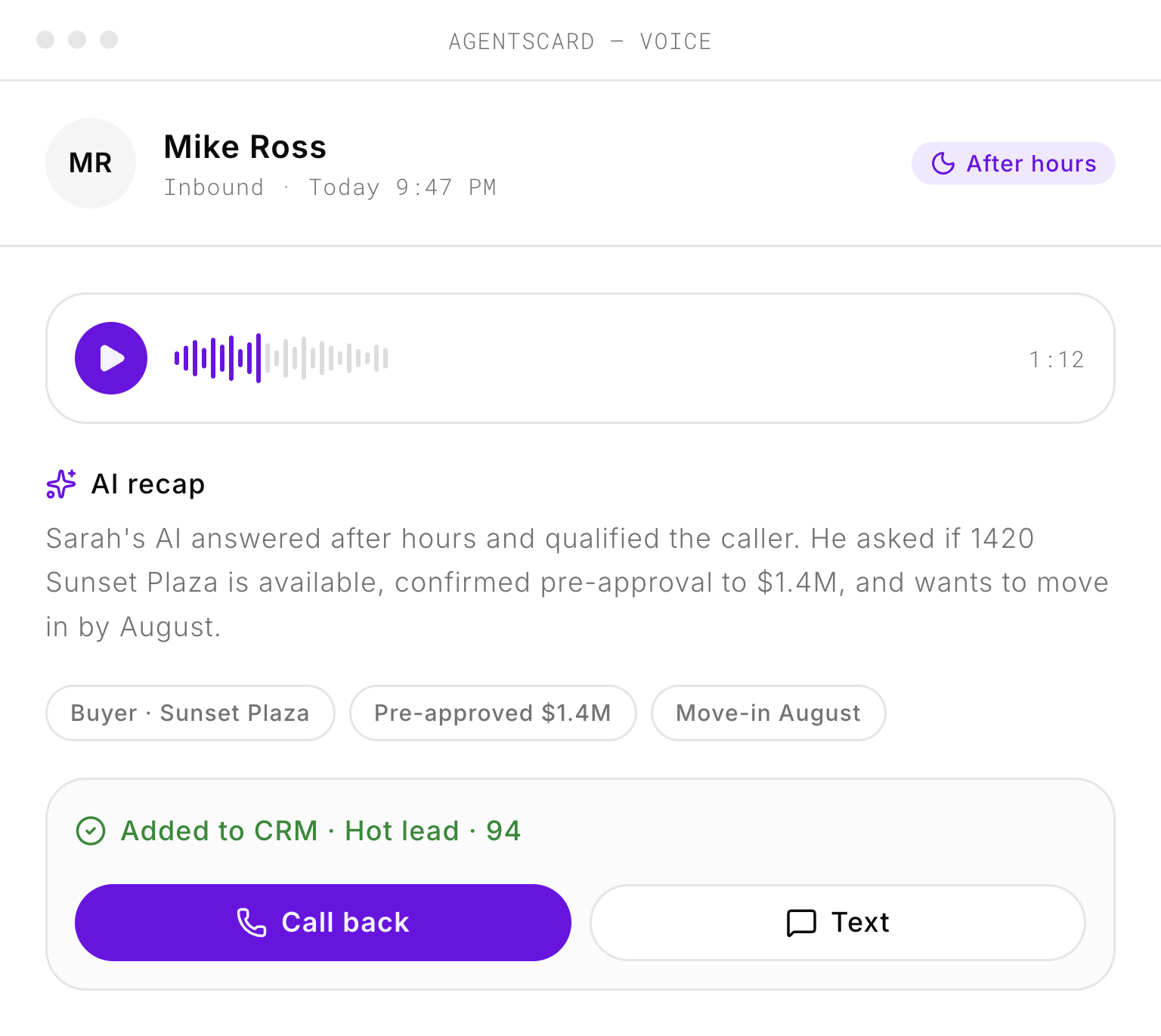 An AgentsCard voice recap summarizing a recent call